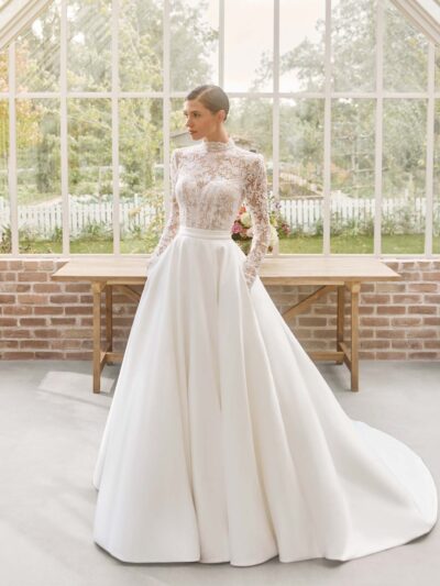 Transforming lace, high neck sleeves mini dress with satin overskirt Bridal Shop North Yorkshire