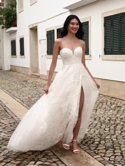 Floral A-line bridal dress with lace embroidered tulle Bridal Shop Northallerton