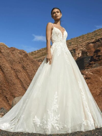 Deep-V princess cut gown with delicate beaded straps and illusion back, by Pronovias Off the Peg Bridal Shop North Yorkshire