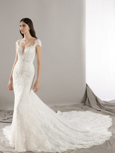 Mermaid, lace wedding dress with a sweetheart neckline and cap sleeve, by Pronovias Bridal Shop North Yorkshire