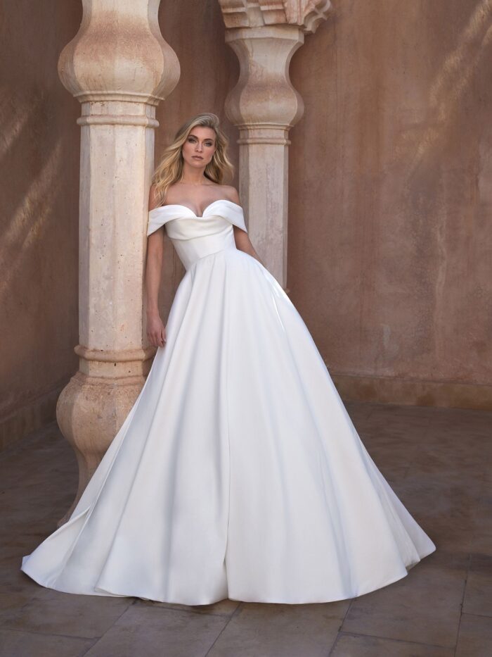 A-line wedding dress in Mikado, by Pronovias Bridal Shop Northallerton
