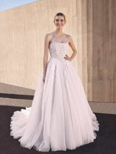 Glitter princess strapless wedding dress with basque waist bodice by Pronovias Bridal Shop North Yorkshire