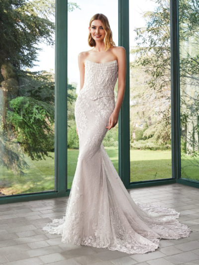 Lace strapless mermaid wedding dress two piece, by Pronovias Bridal Shop North Yorkshire