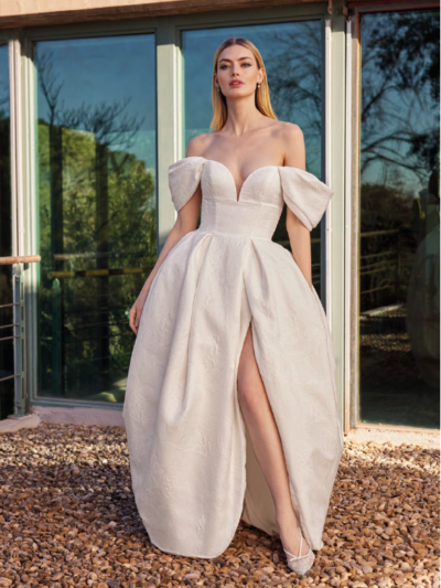 Princess mikado wedding dress with sweetheart neckline and detachable cap sleeves, by Pronovias. Bridal Shop Northallerton