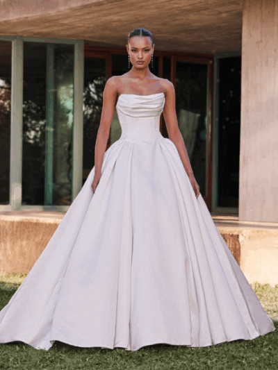 Princess mikado strapless wedding dress by Pronovias Bridal Shop North Yorkshire