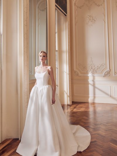 Scoop neck textured Mikado ball gown with spaghetti straps and drop waist hip detail, by Ellis.  Bridal Shop Northallerton