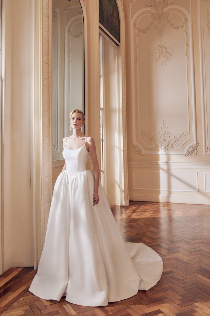 Scoop neck textured Mikado ball gown with spaghetti straps and drop waist hip detail, by Ellis.  Bridal Shop Northallerton