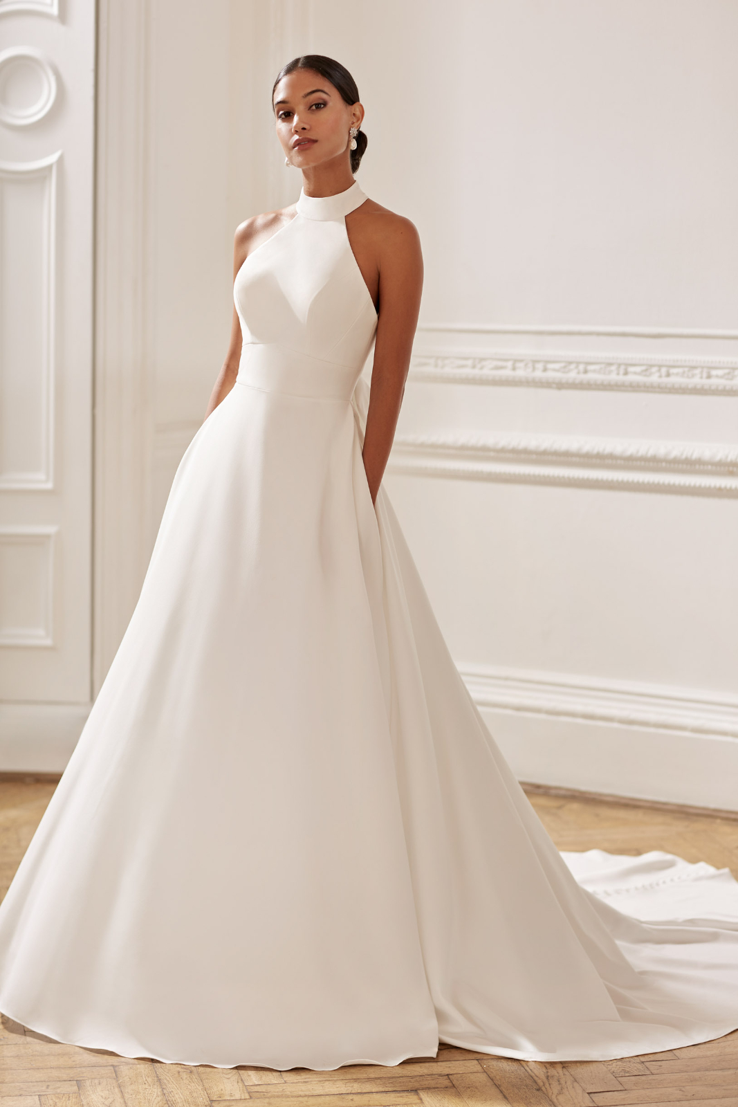 Crepe halter neck wedding dress with detachable bow, by Ellis Bridal Shop North Yorkshire