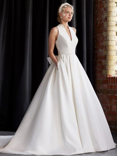 Mikado racer neck ball gown with pockets and keyhole back, by Ellis Bridal Shop North Yorkshire