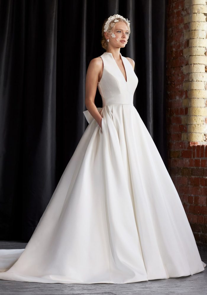 Mikado racer neck ball gown with pockets and keyhole back, by Ellis Bridal Shop North Yorkshire