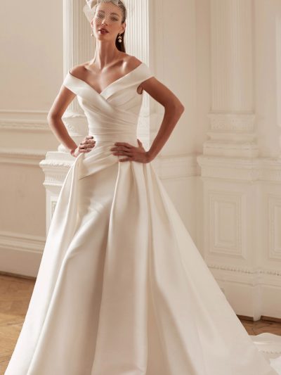 Mikado satin mermaid with pleats and overskirt, by Ellis Bridal Shop Northallerton