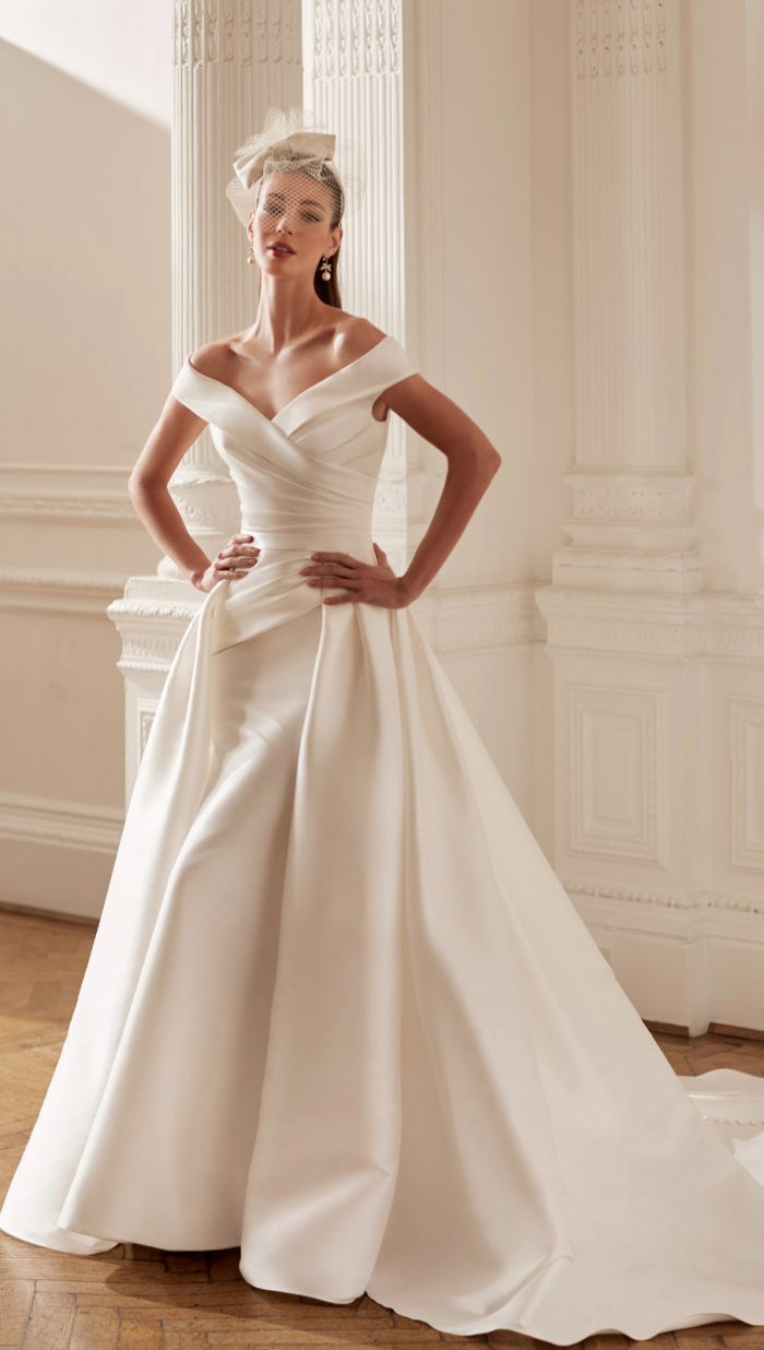 Mikado satin mermaid with pleats and overskirt, by Ellis Bridal Shop Northallerton