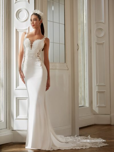 Lace crepe fit and flare with cut outs and scallop lace train, by Ellis Bridal Shop Northallerton