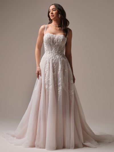 Delicate square neck beaded lace A-line wedding gown, by Rebecca Ingram Bridal Shop North East
