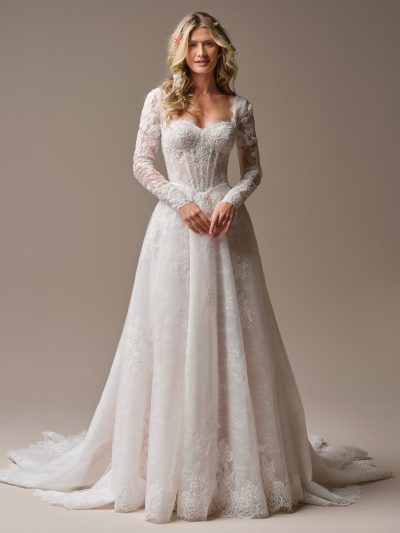 Rebecca Ingram Esmeralda is a timeless sweetheart neckline lace details A-line wedding dress with detachable long sleeves.