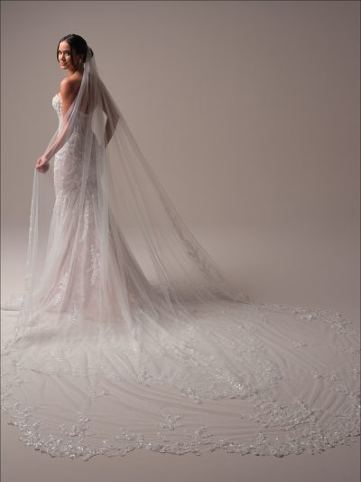 Scallop royal length veil accented with sequin and beaded lace motifs Maggie Sottero Benjie Royale Veil Bridal Shop North Yorkshire