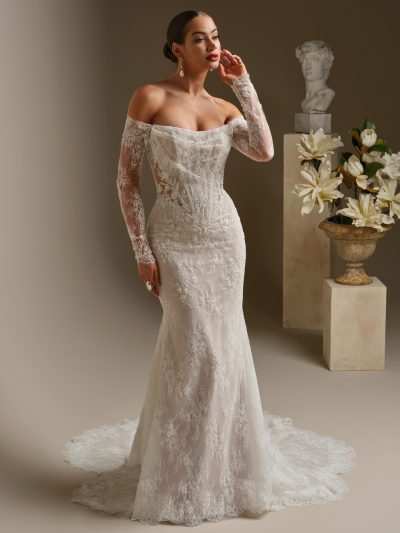 Sottero and Midgley Dublin is an ethereal beaded lace illusion basque waist V-back sheath wedding dress Bridal Shop Northallerton