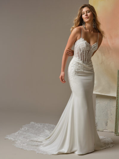 India dramatic beaded cat eye sheath wedding dress with illusion lace scallop train. Bridal Shop North Yorkshire