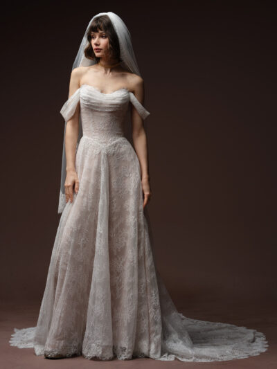 Maggie Sottero Maelle is a timeless cat eye neckline Chantilly lace bridal gown with basque waist detail. Bridal Shop Northallerton Maggie Sottero Stockist Yorkshire North East