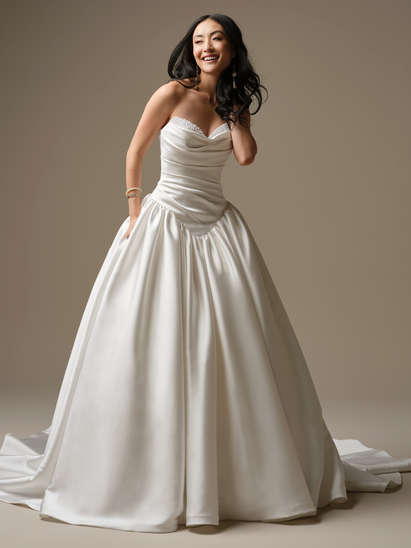 Maggie Sottero Pasadena romantic basque waist peekaboo pearl neckline satin ballgown wedding dress Bridal Shop Northallerton