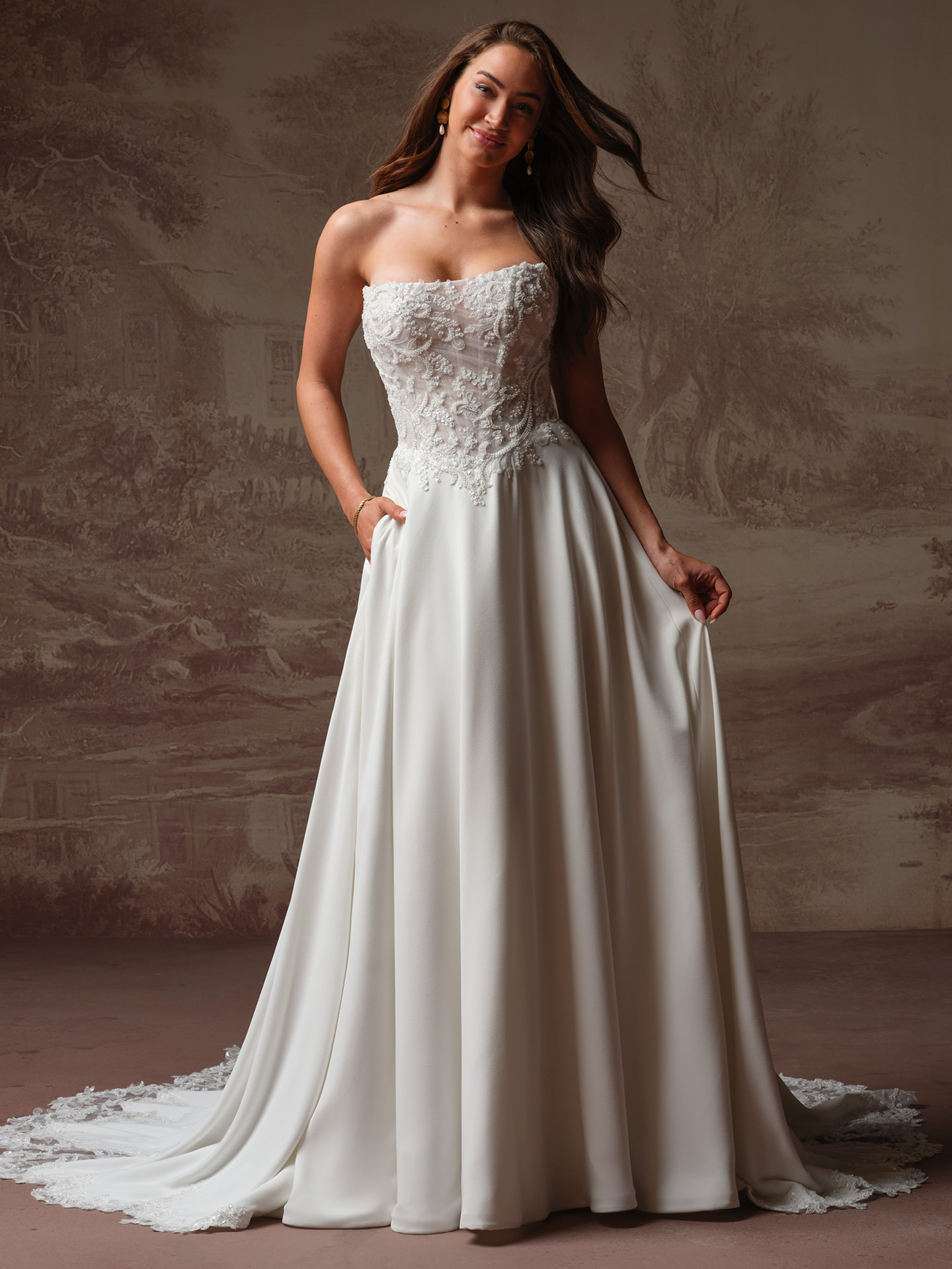 Rebecca Ingram Hazel is a delicate beaded lace bodice wedding dress with basque waist and illusion train Bridal Shop Northallerton